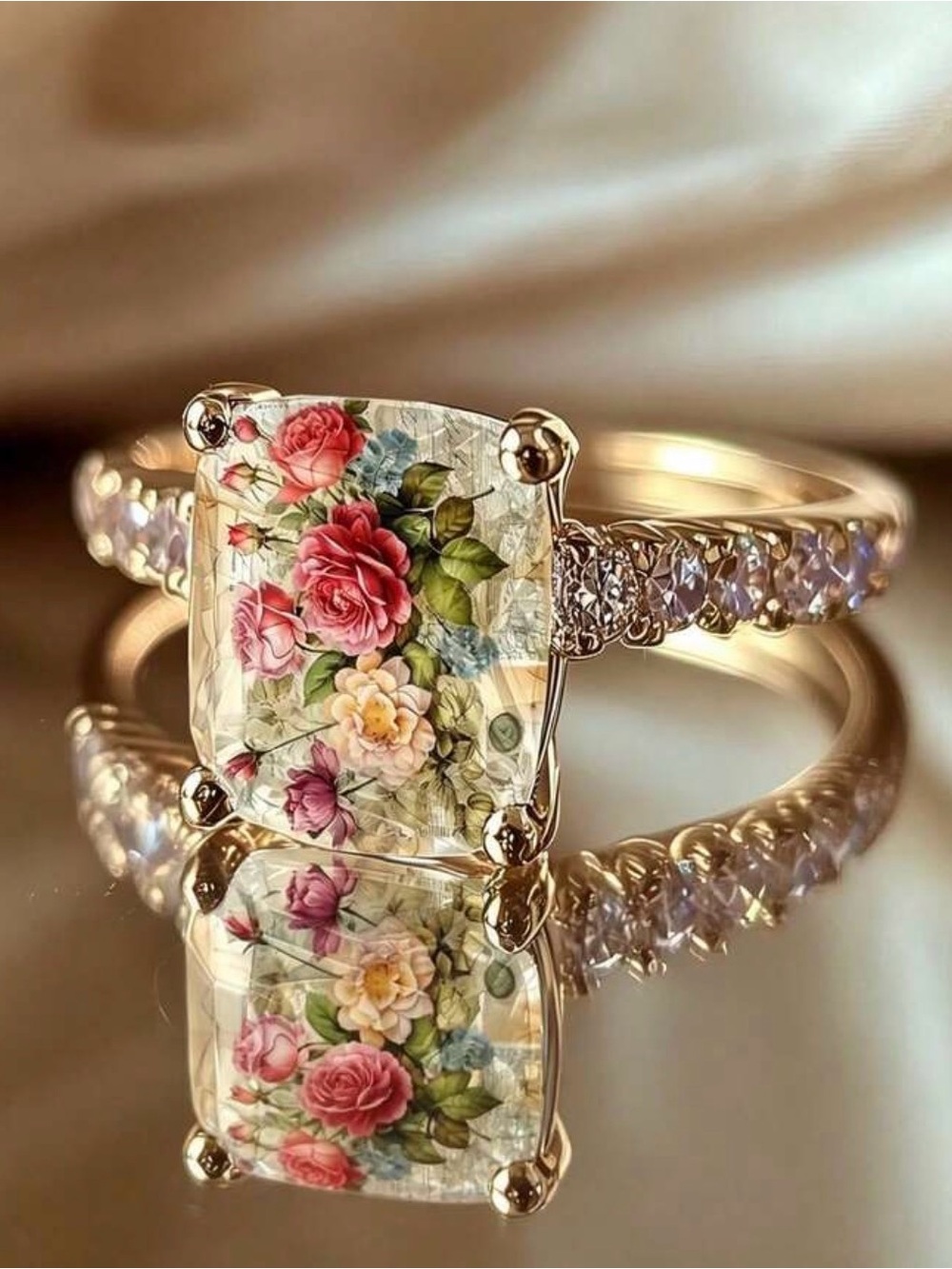 Floral Glass Cushion Ring in Rose Gold - Elegant Women's Jewelry size 6